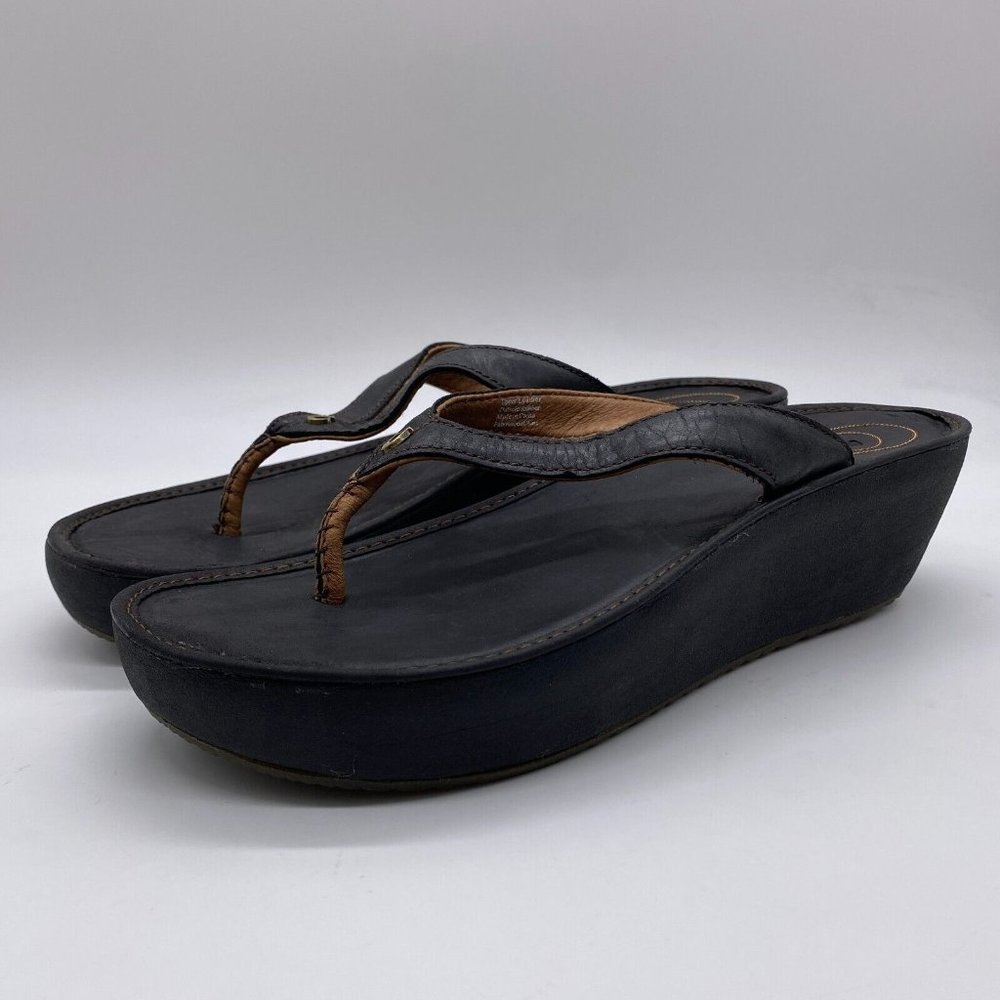 OluKai Hali'a Women Size 10 Black Sandals Thong Open Toe Leather Wedge Slip On